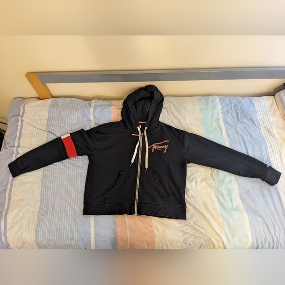 Navy Blue Tommy Jeans Zip Up Sweater with Hood and Red Stripe - Picture 2 of 9